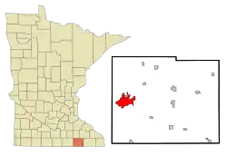 Location of the city of Austin within Mower County in the state of Minnesota