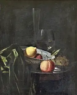 Still Life with Apples, a Lemon and Grapes by Juriaen van Streeck. 17th century