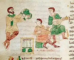1022-1032, Monte Casino. Musicians from the "De rerum naturis" manuscript, Monte Cassino MS Casin 132; from left cymbals, psaltery, harp or rotte, lute.