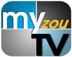 A rounded rectangle divided into blue and gray parts with the word "my" in white in the upper left, a gold "z o u" italicized in the upper right, and a black "T V" in the lower right.