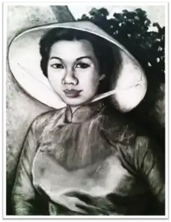 A woman wearing a nón lá with áo dài, as worn in the 20th and 21st centuries.