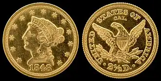An 1848 gold quarter eagle with a punchmark reading "CAL" on its reverse
