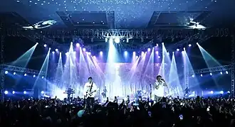 The band performs in Makassar on 25 November 2022. From left: David, Lukman, Iwan, Iqbal, Ariel, Lanlan