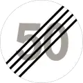End of speed limit of 50 km/h. The general speed limit of 80 km/h now applies.