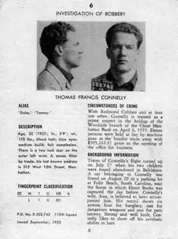 Black-and-white image of a page from a booklet of wanted criminals. There are front and side view mug shots of a man at the top of the page, and text describing crimes he committed below.