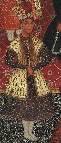A cropped color painting depicting a clean-shaven man wearing a crown and royal robes