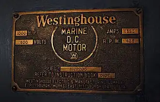 Builder's plate for one Fire Fighter's Westinghouse Electric motors