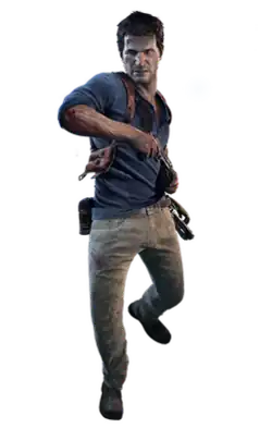 A shot of a man in his 40s walking in mid-step. He is wearing a blue colored shirt, unbuttoned slightly, with a holster and a bandolier across his chest. He wields a pistol in his hand. His hair is dark brown, and he has stubble.