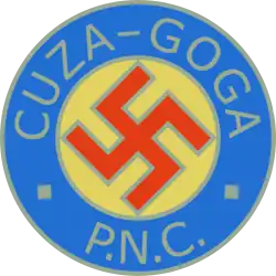 Logo of the National Christian Party featuring a swastika, the initials of the party and the names of its joint leaders, A. C. Cuza and Octavian Goga