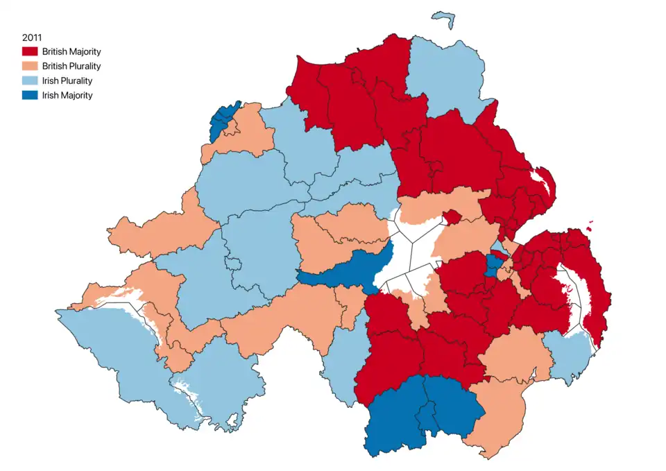 National Identity in Northern Ireland by Electoral Area 2011. British outnumbered Irish in 58 out of the 80 Electoral Areas.[82] British is total of British Only plus British and Northern Irish, Irish is total of Irish Only plus Irish and Northern Irish