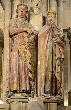 Ekkehard and Uta; attributed to the Master of Namburg; 1245–1260; limestone and polychromy; height: c. 1.9 m; Naumburg Cathedral (Naumburg, Germany)[147]
