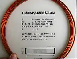 Nb/Cu–7.5at%Sn–0.4at%Ti tape (9.5×1.8 mm cross section) originally developed for an 18.1 T magnet. Nb core: 361×348 packs of 5 μm dia. filaments. Critical current 1700 A (16 tesla, 4.2 K), critical current density 20 kA/cm2