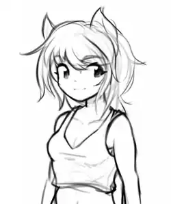 Black-and-white sketch headshot of a young woman with cat ears. The cat ears are drawn simply wiht two to three strokes on the top of the head.
