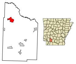 Location of Prescott in Nevada County, Arkansas.