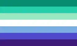 Seven-stripe flag with green, teal, white, blue, and purple[24]