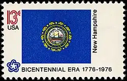 The New Hampshire state flag as depicted in the 1976 bicentennial postage stamp series