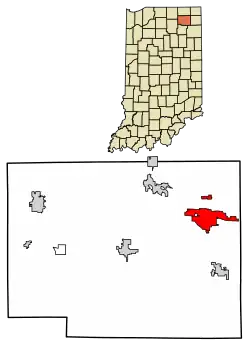 Location of Kendallville in Noble County, Indiana.