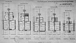 Floor plans for the five classes of house built in Noel Park