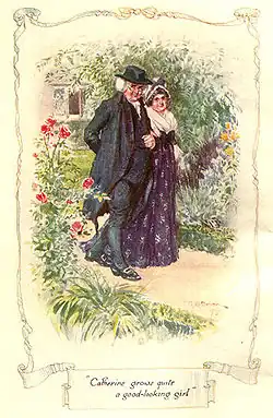 Color illustration of a 1907 edition of Northanger Abbey (by Jane Austen), by C. E. Brock (d. 1938). Catherine Morland's parents now find her “almost pretty now”.