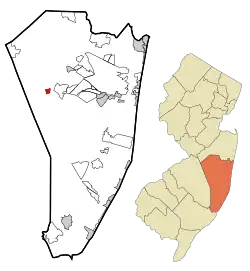 Map of Cedar Glen Lakes CDP in Ocean County. Inset: Location of Ocean County in New Jersey.