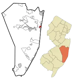Map of Dover Beaches South CDP in Ocean County. Inset: Location of Ocean County in New Jersey.