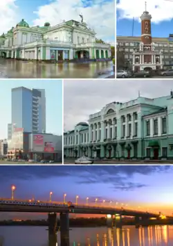 Top: Omsk State Academic Drama Theater [ru], Fire Observation Tower, (left to right) Middle: Omsk Festival Complex Center area, Vrubel Fine Art Museum, (left to right) Bottom: 60 Years Victory Bridge [ru]
