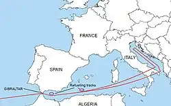 Diagram of the route that nuclear bomb-carrying B-52s would take to enemy countries. It follows the Mediterranean Sea, and passes over Italy before turning north over the Adriatic Sea.