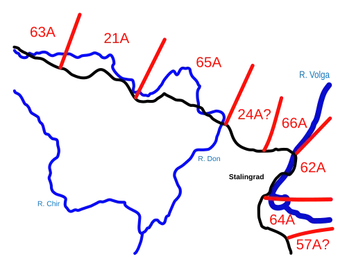 Operation Uranus Deception: The German intelligence view on 18 November 1942, showing six to eight Soviet armies (red) near Stalingrad. A = Army