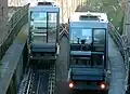 The funicular cars as they reach the passing loop