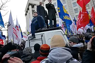 Opposition leaders Oleh Tyahnybok, Arseniy Yatsenyuk and Vitalii Klychko addressing demonstrators