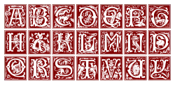 Ornamental lettering samples. The order of V and U letter places are swapped and the letters J, O, W, and Z.l are missing
