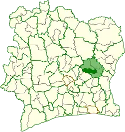 Location (dark green) in Iffou region (light green) in Ivory Coast. Ouellé Department has retained the same boundaries since its creation in 2020.