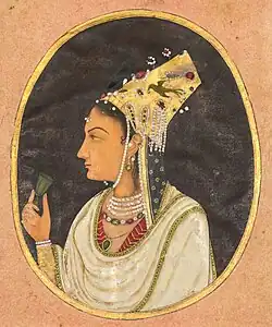 Oval portrait of a woman in a jeweled Karakul/Boqta, Mughal India, c. 1740–50