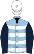 Light blue and white hoops, dark blue sleeves, white cap