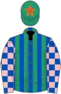 Royal blue and emerald green stripes, pink and royal blue check sleeves, emerald green cap, orange star