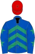 Royal blue, emerald green chevrons, royal blue sleeves, emerald green stars, red cap