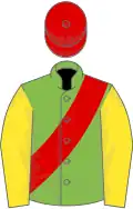Light green, red sash, yellow sleeves, red cap
