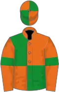 Orange and green (quartered), orange sleeves, green armlets, quartered cap