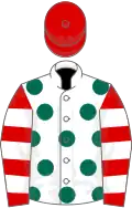 White, dark green spots, red and white hooped sleeves, red cap