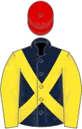 Dark blue, yellow sleeves and cross-belts, red cap