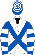 White, royal blue cross belts, royal blue and white hooped sleeves and cap