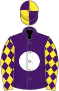 Purple, white disc, yellow sleeves, purple diamonds, purple and yellow quartered cap