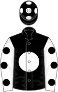 Black, white disc, white sleeves, black spots, black cap, white spots