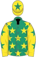 Emerald green, yellow stars, yellow sleeves, emerald green stars, yellow cap, emerald green star