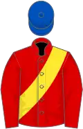 Red, yellow sash, royal blue cap