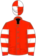 Scarlet, white hooped sleeves, quartered cap