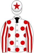 White, red spots, striped sleeves and star on cap