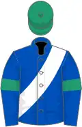 Royal blue, white sash, emerald green armlets and cap
