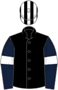 Black, dark blue sleeves, white armlets, black and white striped cap