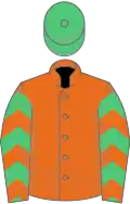 ORANGE, emerald green chevrons on sleeves, emerald green cap